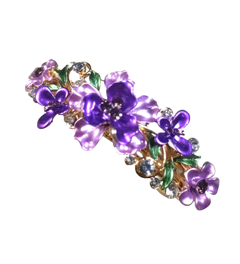 Purple Floral Enamel Metal Hair Barrette Tension Clip Spring Dance Violets